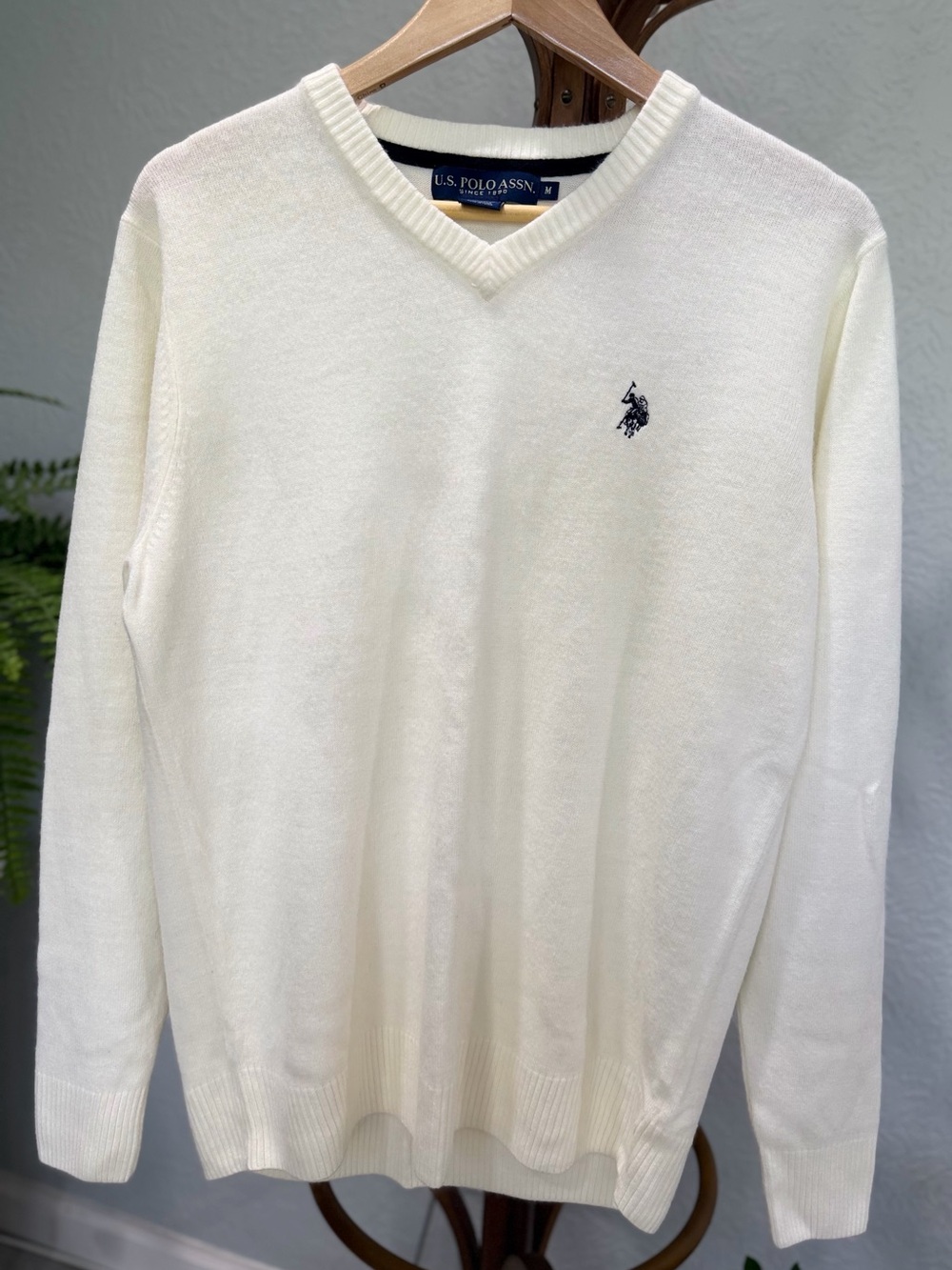 U.S. Polo Assn. Men’s V-Neck Sweater - Cream with Navy Logo